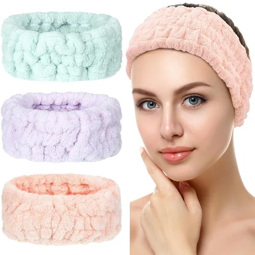 Vista 17 de Chuangdi Diadema de spa de 3 piezas para mujer, diadema de maquillaje facial, diadema de tela de rizo suave para lavar, máscara facial, regalos
