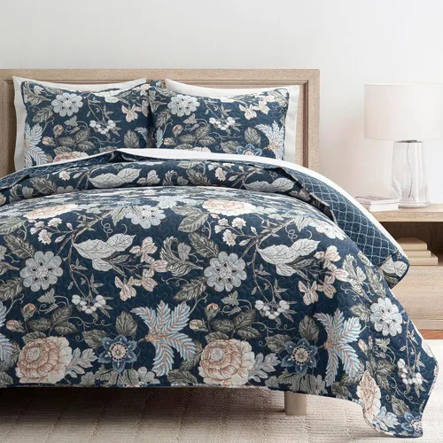 Vista 12 de Lush Decor Sydney - Juego de edredón reversible de algodón, juego de 3 piezas, matrimonial/queen, negro y azul, juego de ropa de cama de algodón