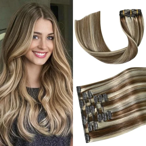 Vista 12 de Aison Extensiones de cabello con clip balayage de cabello humano real, extensiones de cabello ombre 100% de cabello humano para mujer, 12 pulgadas