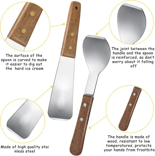 Vista 3 de Patelai 2 piezas de pala de helado de acero inoxidable con mango de madera, pala de mantequilla para postre, pala de metal plano para comedor