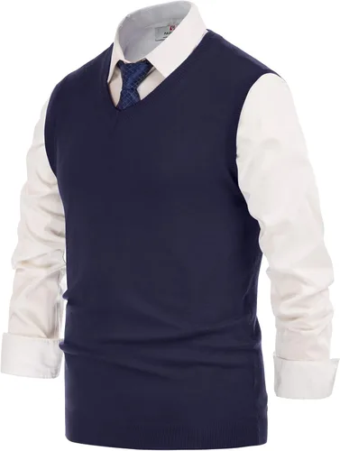 Vista 2 de PJ PAUL JONES Suéter de punto con cuello en V para hombre, chaleco liso liso sin mangas