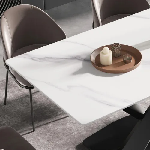 Vista 5 de Juego de mesa de comedor de mármol sintético, mesa de comedor rectangular de 63 pulgadas con mesa de piedra sinterizada y base de acero al carbono