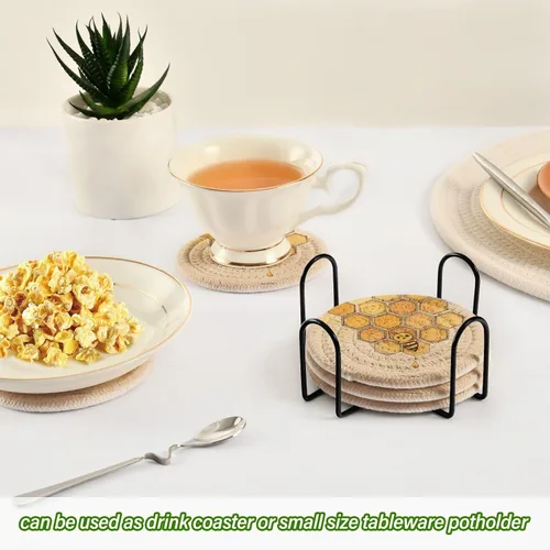 Vista 6 de Cute Bees - Juego de 6 posavasos de algodón vintage con soporte para mesa de café Posavasos para mesa