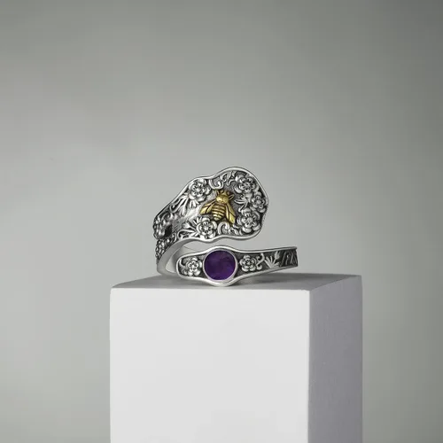 Vista 4 de Anillo de cuchara de plata de ley, anillos gruesos de abeja de oro para mujer, anillo de turquesa ajustable
