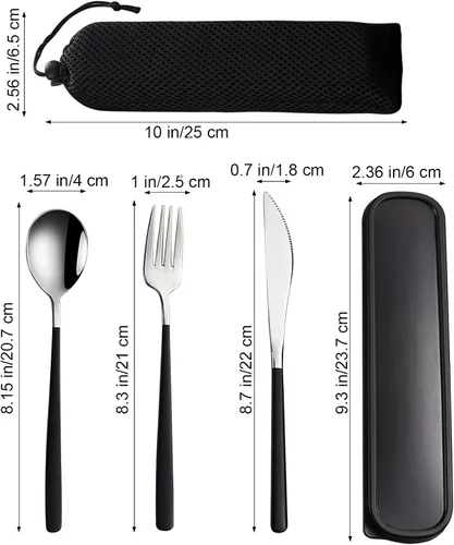 Vista 7 de VANRA Juego de utensilios de viaje portátiles de 3 piezas con estuche, juego de cubiertos de acero inoxidable 18/8, juego de cubiertos reutilizables