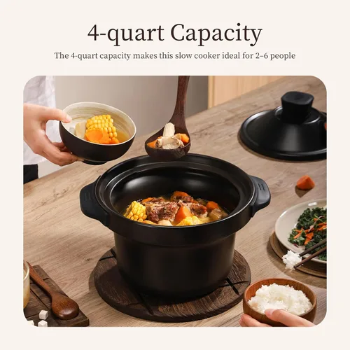 Vista 5 de Joydeem Olla eléctrica de 4 cuartos de galón, olla multifuncional de 500 W con interior de cerámica, sopa, gachas de avena, estofado, estofado