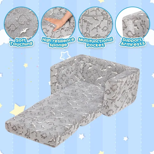 Vista 5 de ALIMORDEN 2 en 1 Sofá Convertible para Niños con Funda Sherpa, Sofá Convertible a Tumbona, Brilla en la Oscuridad, Dinosaurios