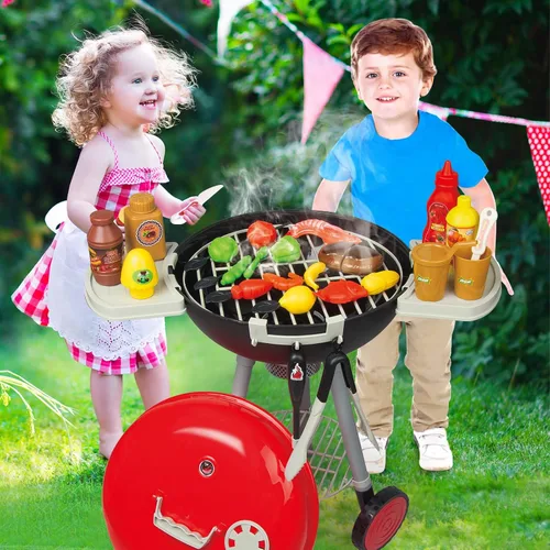 Vista 2 de Juego de parrilla de barbacoa de 79 piezas para niños, juego de cocina con aerosol realista, luz y sonido, juguete interactivo para niños y niñas