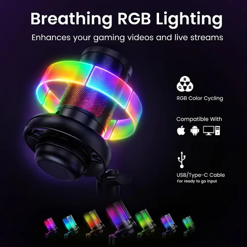 Vista 4 de Kit de transmisión de cámara web con micrófono USB RGB y luz LED, paquete de cámara de transmisión de 1080P 30FPS para Twitch, YouTube, podcasting