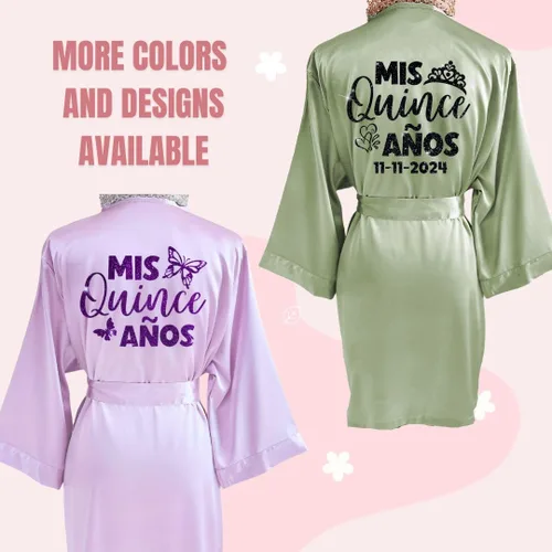 Vista 3 de Mis Quince Quinceañera - Bata de satén personalizada con nombre y fecha, diseño de purpurina con tiara, rosa, mariposa o símbolo de corona, bonita