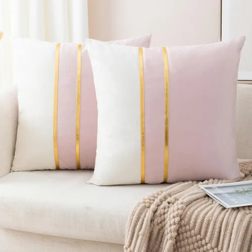 Vista 14 de ZLINA Juego de 2 fundas de almohada decorativas de terciopelo verde aguamarina y blanco con parches y cuero dorado de 16 × 16 pulgadas, fundas