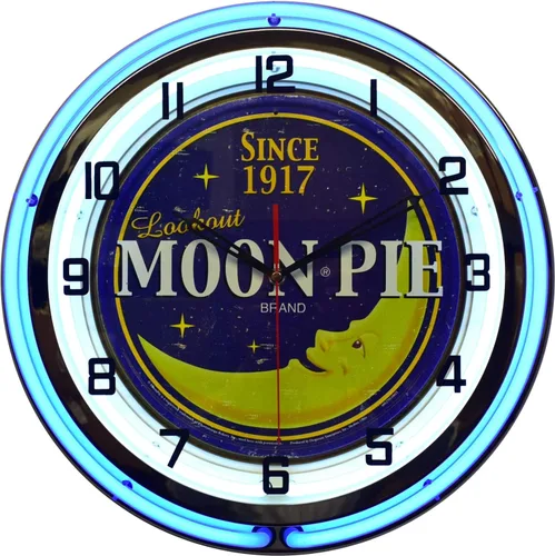 Vista 2 de Moon Pie - Galletas de malvavisco desde 1917, letrero de 18 pulgadas, reloj de neón doble azul para decoración del hogar