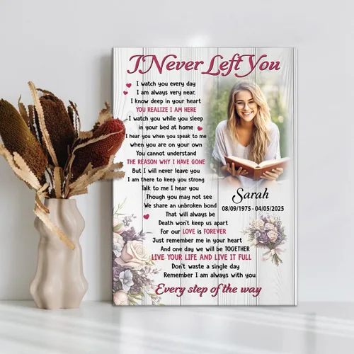 Vista 4 de NQDNKUIN Lienzo personalizado con texto en inglés "I Never Left You", regalo conmemorativo de duelo y condolencia de esposa, madre, abuela, hija