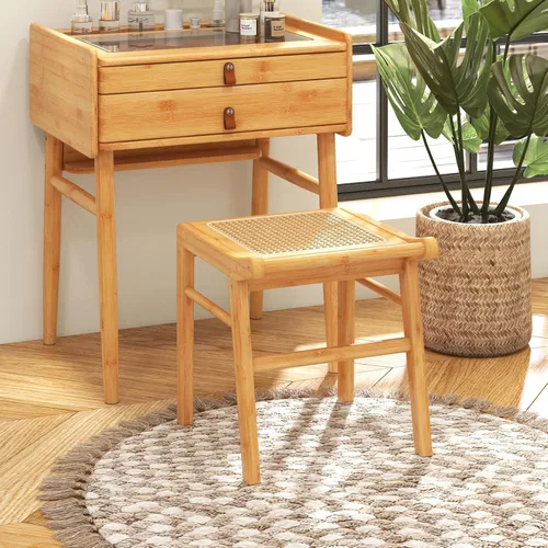 Vista 2 de CHARMAID Taburete de tocador, reposapiés otomano de bambú con asiento de ratán, almohadillas antideslizantes, banco de silla de tocador
