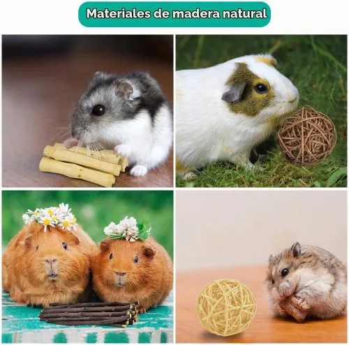 Vista 6 de ERKOON Paquete de 12 juguetes para masticar hámster, rata, cobaya, chinchilla, accesorios para masticar, mancuernas de madera natural, rodillo