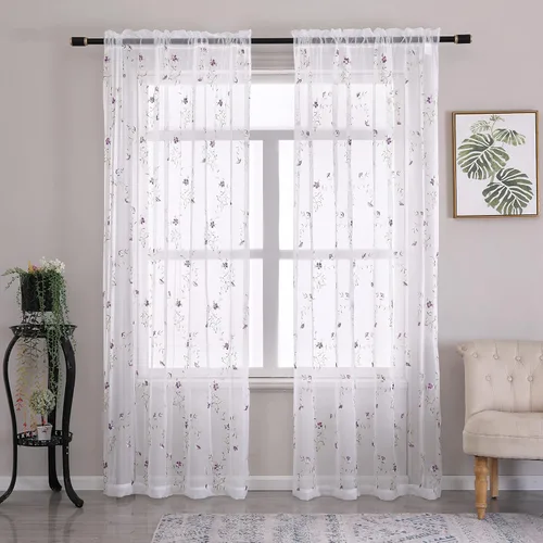 Vista 27 de Taisier Home Cortinas Traslúcidas Blancas Florales con Estampado de Flores y Bordado de Enredaderas para Dormitorio, Cortina con Bolsillo