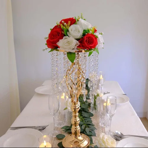 Vista 3 de 6 piezas 21.65 pulgadas Jarrones de flores dorados para boda, jarrones de metal con cristal para centros de mesa, jarrones de boda para decorar mesas