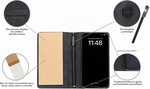 Vista 4 de MOJO - Funda para teléfono con bloc de notas para iPhone 13, 14 y 15, funda plegable con mini bolígrafo y bloc de notas (negro)