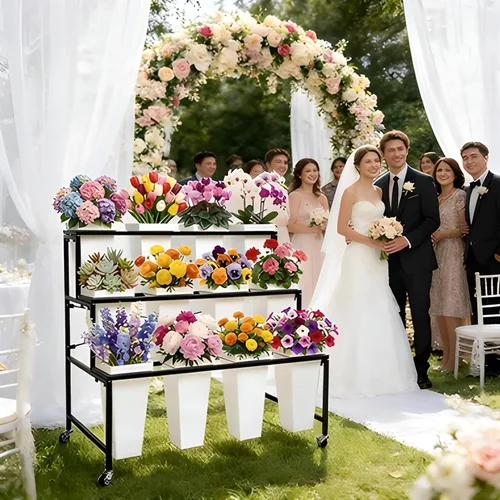 Vista 5 de Soporte de exhibición de flores de 3 niveles, soporte móvil de metal para plantas con 12 cubos, carrito de flores con ruedas, adecuado