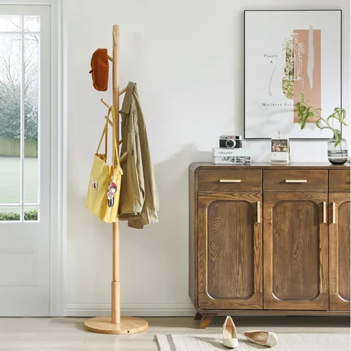 Vista 3 de IBUYKE Perchero de madera, 8 ganchos, 3 opciones de altura, natural WD-115 Round Base Coat Hanger,Easy Assembly,Clothes Rack for Hallway Entryway