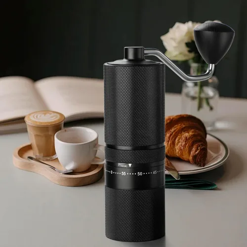 Vista 7 de Molinillo de café manual con rebabas de acero inoxidable, molinillo de café de mano, ajuste de molienda ajustable externo para expreso, prensa Negro