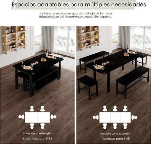 Vista 4 de Feonase Juego de mesa de comedor de 5 piezas para 4-8 personas, juego de mesa de cocina grande extensible de 63 pulgadas con 2 bancos y 2 taburetes