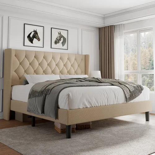 Vista 10 de iPormis - Base de cama tapizada de tamaño completo con cabecera capitonada con botones, base de cama tapizada con listones de madera sólidos, 20 cm