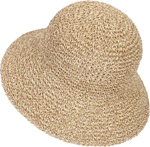 Vista 13 de Sombrero de sol para mujer, hecho a mano, cubo de paja de ganchillo para verano, plegable, gorra de viaje Beige