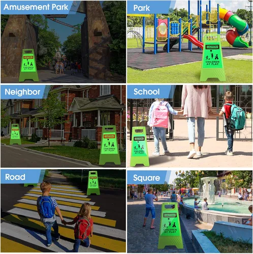 Vista 4 de 4 letreros grandes de 24 pulgadas para niños en el juego, reflectantes, de doble cara, letreros de seguridad para niños en juego, mango portátil