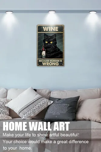 Vista 2 de Zomyto Letrero de metal vintage con gato y vino, tiempo pasado con vino y gatos, arte de pared único para el hogar, cocina, cueva de hombre, bar