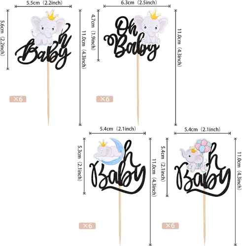 Vista 2 de Paquete de 24 decoraciones para cupcakes de elefante Oh Baby con purpurina para decoración de cupcakes de elefante Oh Baby Baby para cumpleaños
