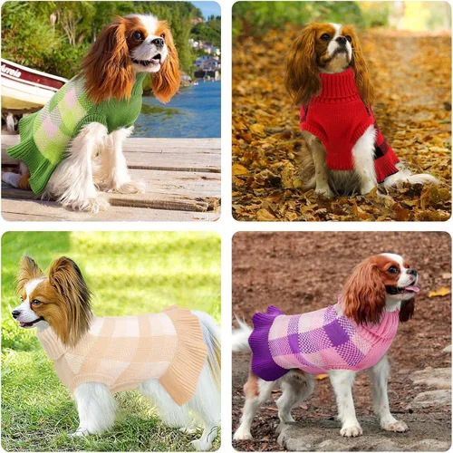 Vista 9 de Vestido de suéter para perro, ropa de Navidad a cuadros para perros Beige
