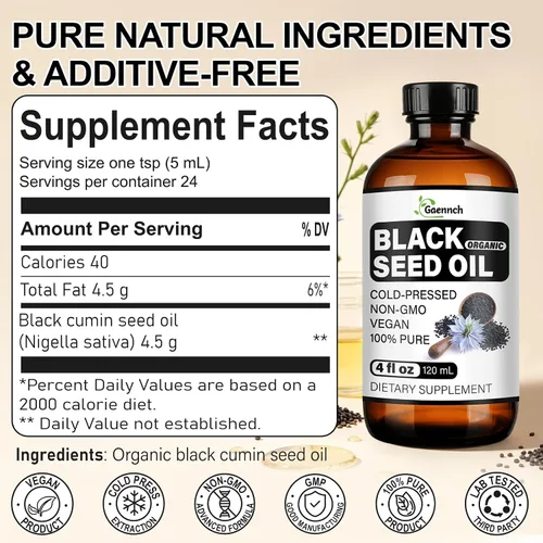 Vista 2 de Black Seed Oil Organic Cold Pressed - Pure Nigella Sativa Black Cumin Oil