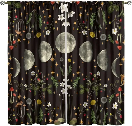 Vista 20 de Cortinas retro de luna, bosque mágico con hojas iluminadas por la luna, cortinas de plantas, diseño gótico floral de cielo estrellado para ventana