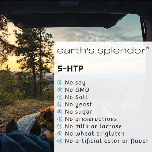 Vista 2 de Earth's Splendor Suplemento 5-HTP para hombres y mujeres, sin conservantes artificiales, color o sabor, sin OMG, 100 mg