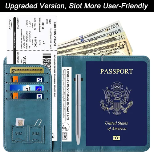 Vista 2 de Funda de cuero para pasaporte y tarjeta de vacunación, con bloqueo Rfid para hombres y mujeres