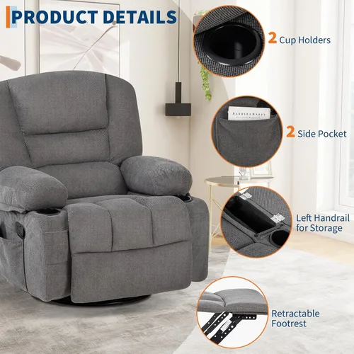 Vista 8 de Silla reclinable mecedora, silla mecedora giratoria para adultos Gris