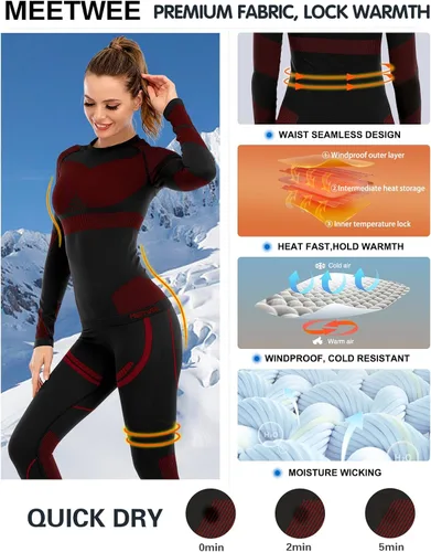 Vista 2 de MEETWEE Conjunto de ropa interior térmica para mujer, capa base de invierno, pantalones largos, cálidos, parte superior e inferior para esquiar