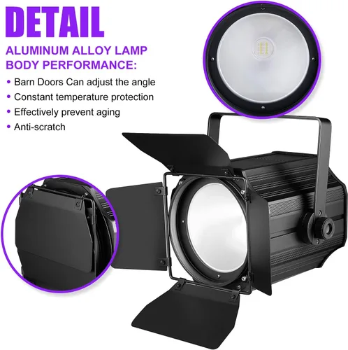 Vista 5 de Luces de escenario COB con puertas de granero, luz par COB de 200 W, LED 3500 ~ 7500 K, blanco cálido y blanco, DMX512 con sonido maestro-esclavo