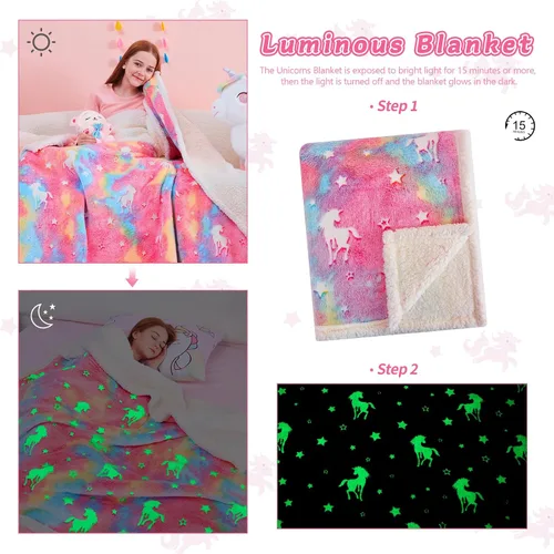 Vista 3 de QSTEHEML Manta de unicornio que brilla en la oscuridad, regalo de cumpleaños para niñas de 3 a 12 años, regalos de juguetes de unicornio, manta