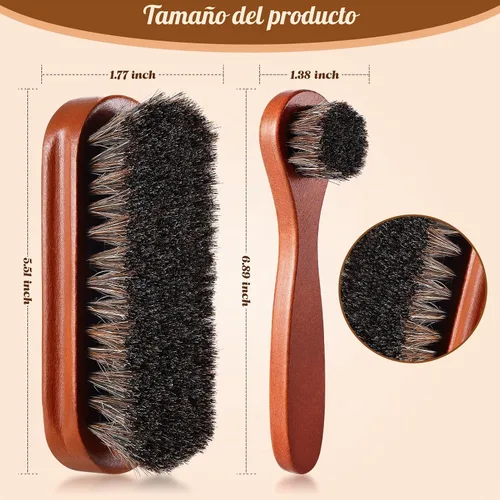 Vista 3 de 2 piezas Juego de cepillo de zapatos de pelo de caballo para pulir Kit de cepillos aplicadores de brillo Limpieza de zapatos de cuero Botas Cepillos