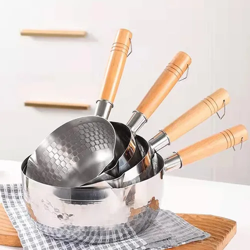 Vista 2 de Cacerola de acero inoxidable 304, mango antiquemaduras de madera maciza con gancho, sartén multiusos con boquillas para verter, olla de salsa, olla
