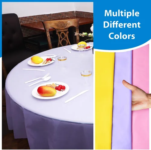 Vista 3 de EDI Manteles redondos desechables – Paquete de 12, varios colores, plástico, resistente a derrames y manchas, 81 x 84 pulgadas
