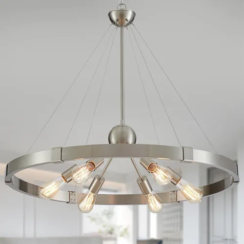 Vista 13 de XINGQI Lámpara de araña grande de 38 pulgadas con ruedas de carro, moderna lámpara colgante de níquel cepillado, 8 luces rústicas para comedor, sala