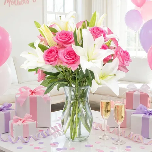 Vista 3 de Benchmark Bouquets - Rosas rosas y lirios, jarrón incluido, flores frescas cortadas y cultivadas, regalo para decoración del hogar, cumpleaños