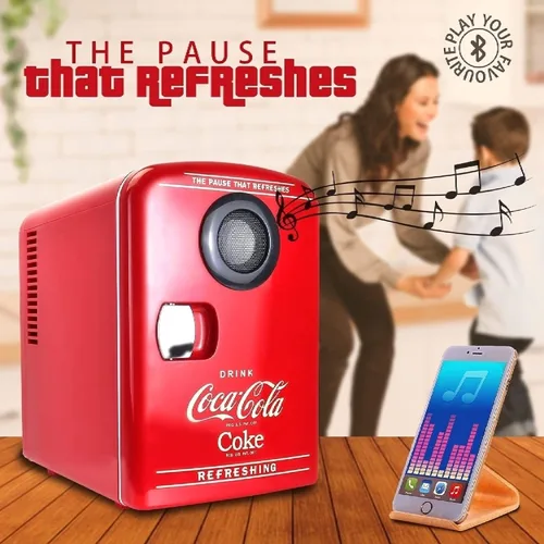 Vista 3 de Coca-Cola - Mini refrigerador de 4 litros, altavoz Bluetooth, 6 latas, rojo
