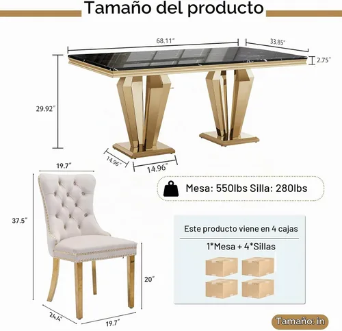 Vista 8 de HomVent Juego de mesa de comedor de mármol sintético de 68 pulgadas con 4 Mesa negra con 4 sillas beige