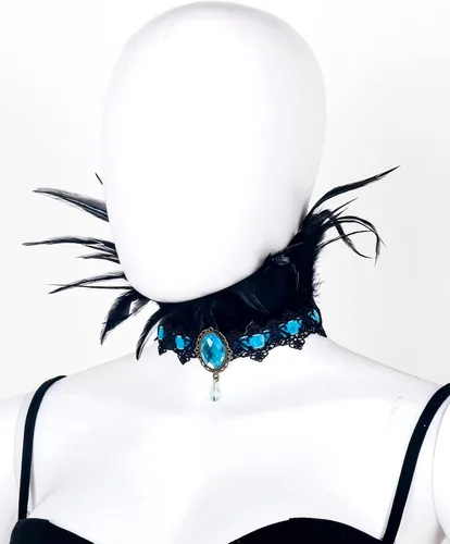 Vista 3 de L'VOW Gargantilla de plumas, joyería gótica, cadena de cuello de vampiro, tatuaje steampunk, accesorios de encaje, disfraz de Halloween