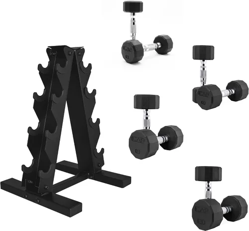 Vista 15 de CAP Barbell Rubber Coated Dumbbell Weight Set with Vertical Rack 100 lb, 150 lb, and 210 lb Options