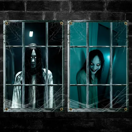 Vista 11 de Yigney 2 piezas de decoración aterradora de Halloween para ventana Fantasma femenino